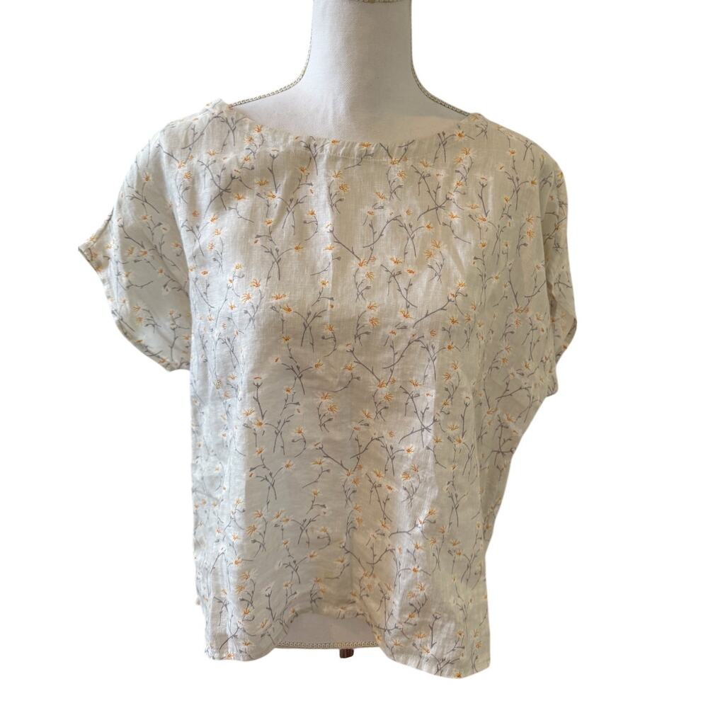 Cynthia Rowley Boxy Oversized Linen Top Gray White Floral Print M
